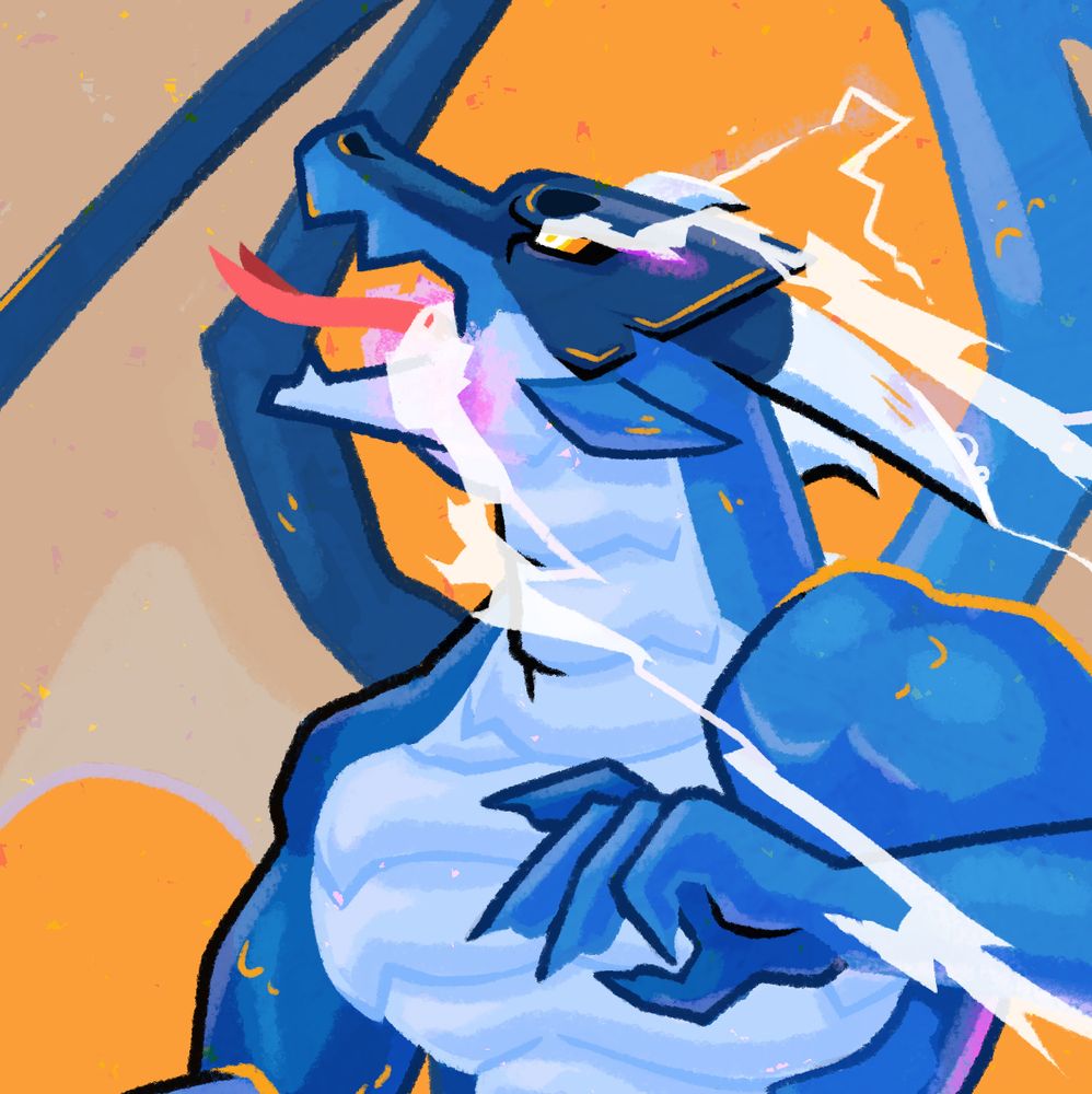 Close up of the previous image, the upper torso of a blue, humanoid dragon, mouth open and pink tongue out with white-purple lightning streaming out. Clawed hand raised. 