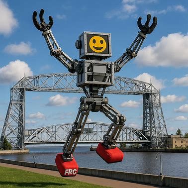 A giant robot with red FRC bumpers jumping for joy behind the Duluth Entertainment and Convention Center.