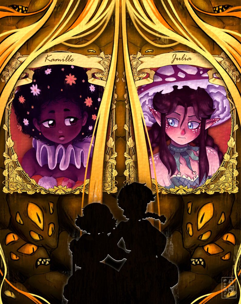 A digital painting featuring Kamille and Julia from the webtoon Marionetta, where their portraits hang in a wall with eyes and golden hair dropping from the ceiling. The silhouettes of the girls are in front of their respective portraits