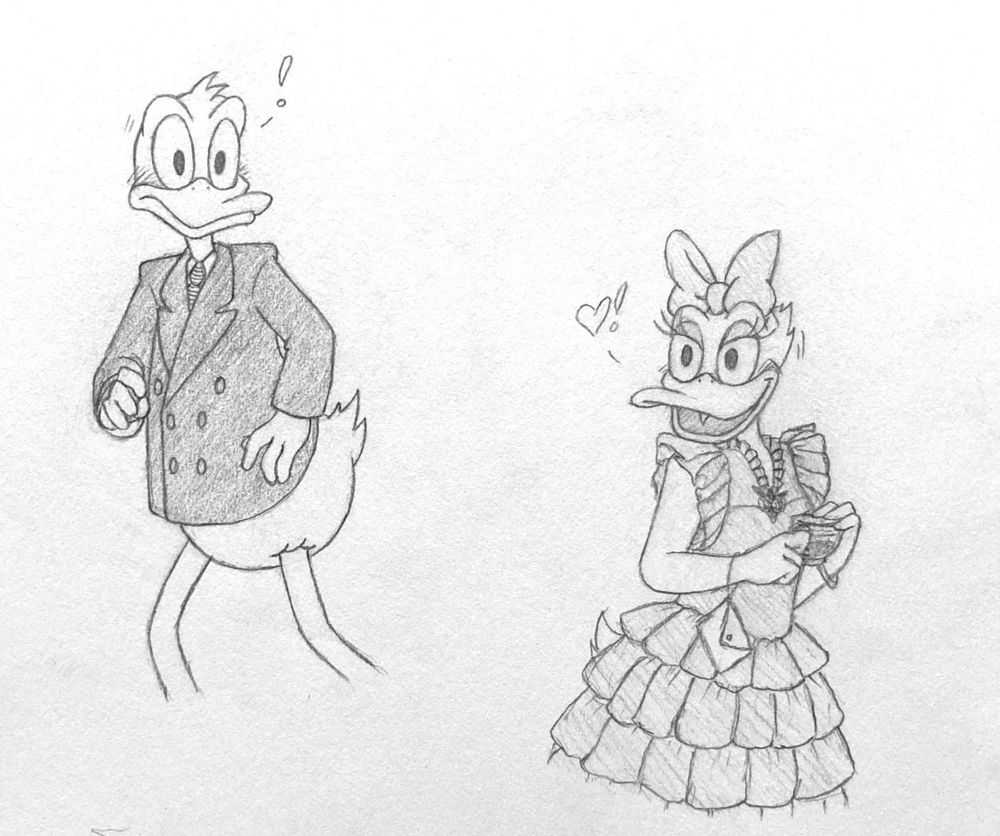 A scene from the movie “It’s A Wonderful Life” where George Bailey and his future wife Mary Hatch reconnect for the first time, with Donald Duck playing George and Daisy Duck playing Mary