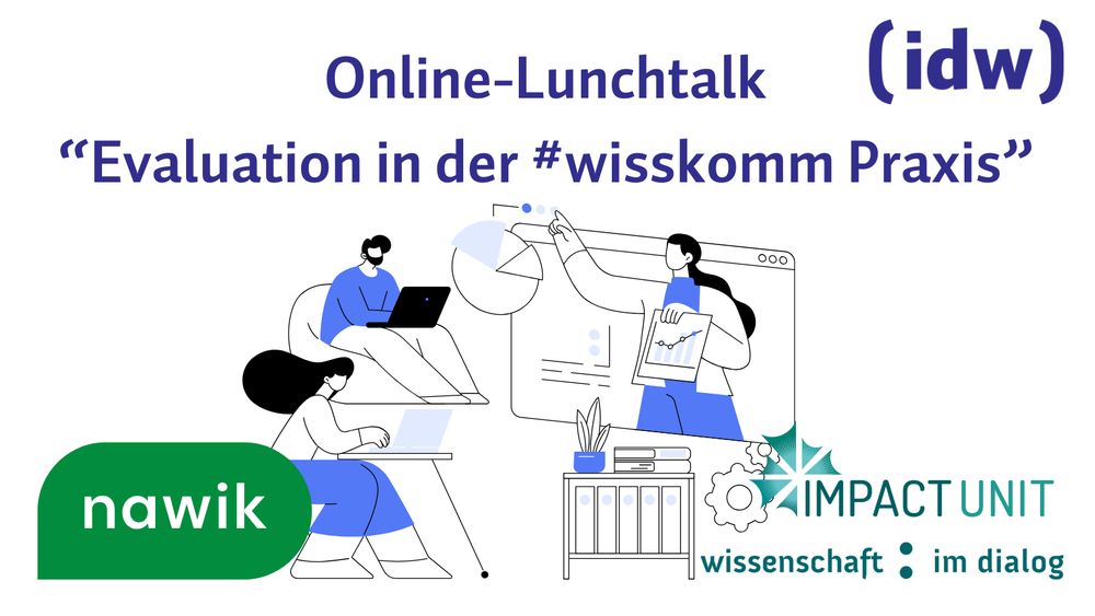 Online Lunchtalk Evaluation in der #wisskomm Praxis mit Logos von idw, nawik und Impact unit von Wissenschaft im Dialog und einer Grafik von Personen, die am Rechner sitzen und in einem online Workshop sind.