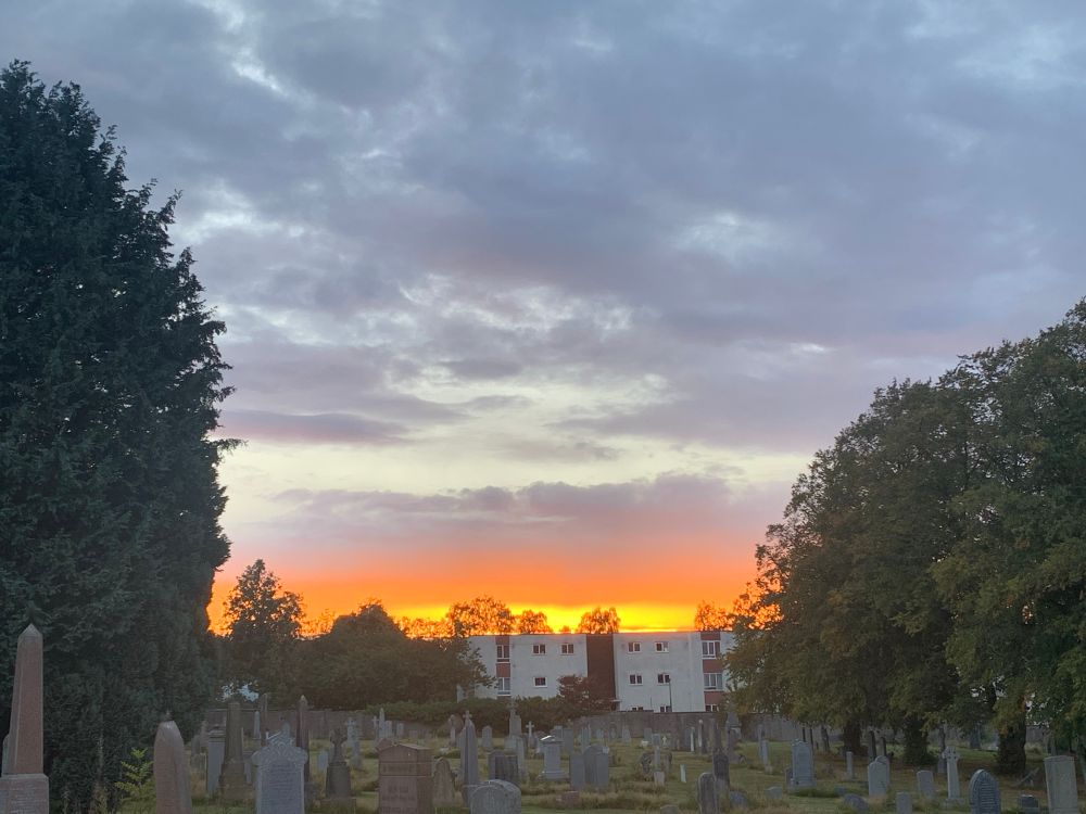 Sunset above gravestones and apartments flanked by trees