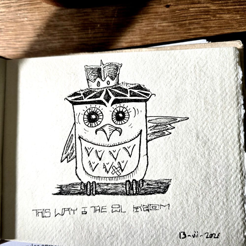 A more stylized owl pointing to the right with a wing: captioned "This way to the owl kingdom."