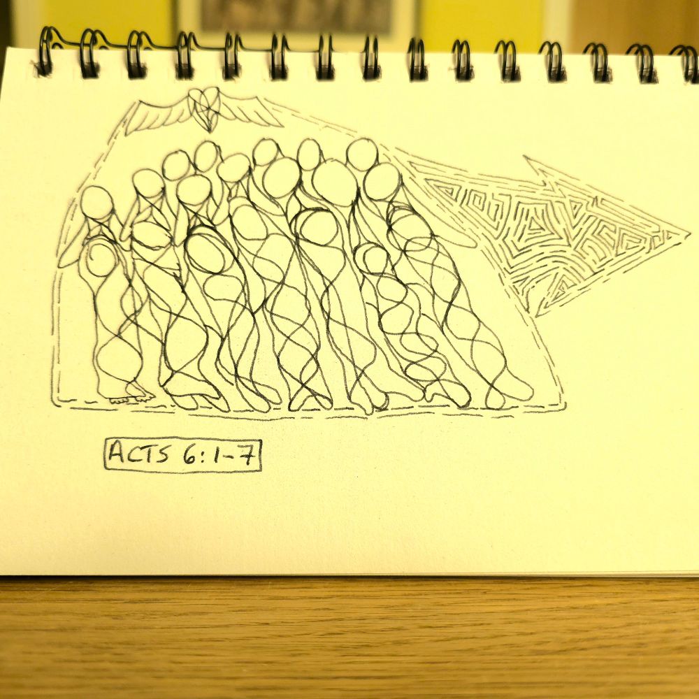 Depiction in pen on paper of the 12 laying hands on the 7 as described in Acts chapter 6