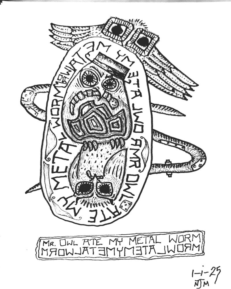 The palindrome "Mr. Owl ate my metal worm" is depicted through worms and owls intertwining.