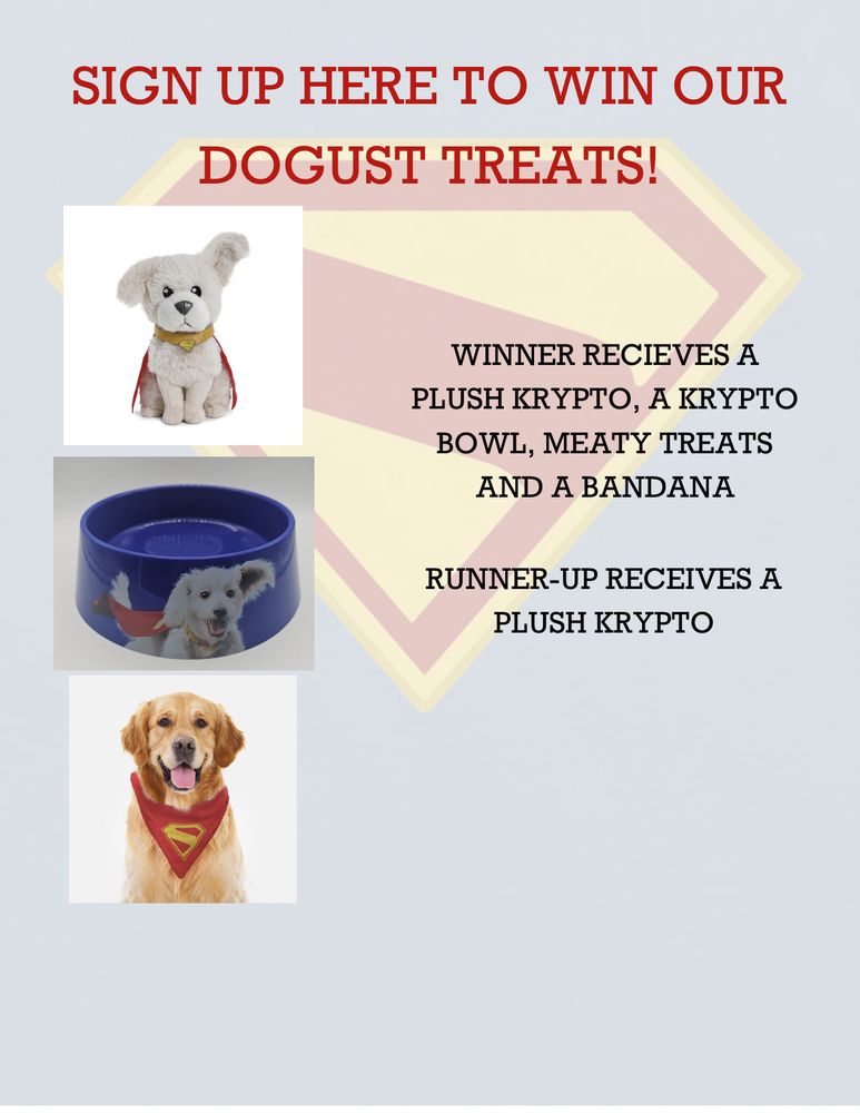 A sign for a Krypto-themed #DOGUST giveaway at the library