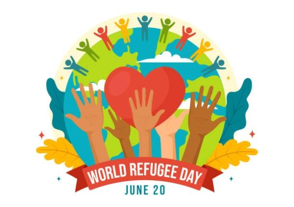 Logo for World Refugee Day June 20 - Clipart of the world with diverse hands reaching up to touch a red heart.