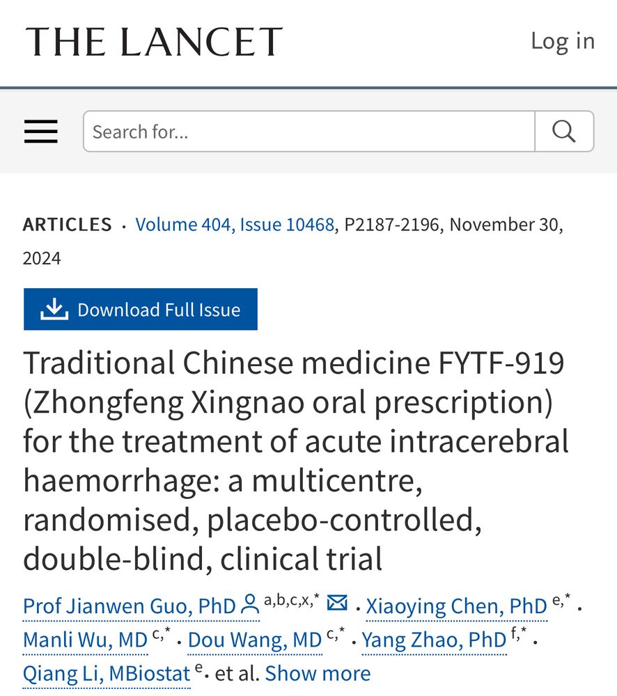 Screenshot of title page of the lancet paper reporting a trial of the traditional Chinese medicine Zhongfeng Xingnao. 