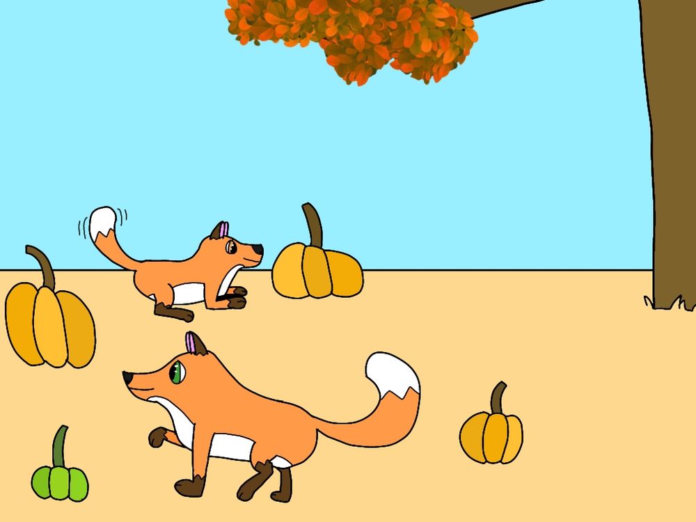 A red fox with green eyes and a fox with hazel eyes looking at pumpkins next to a tree with red leaves. 