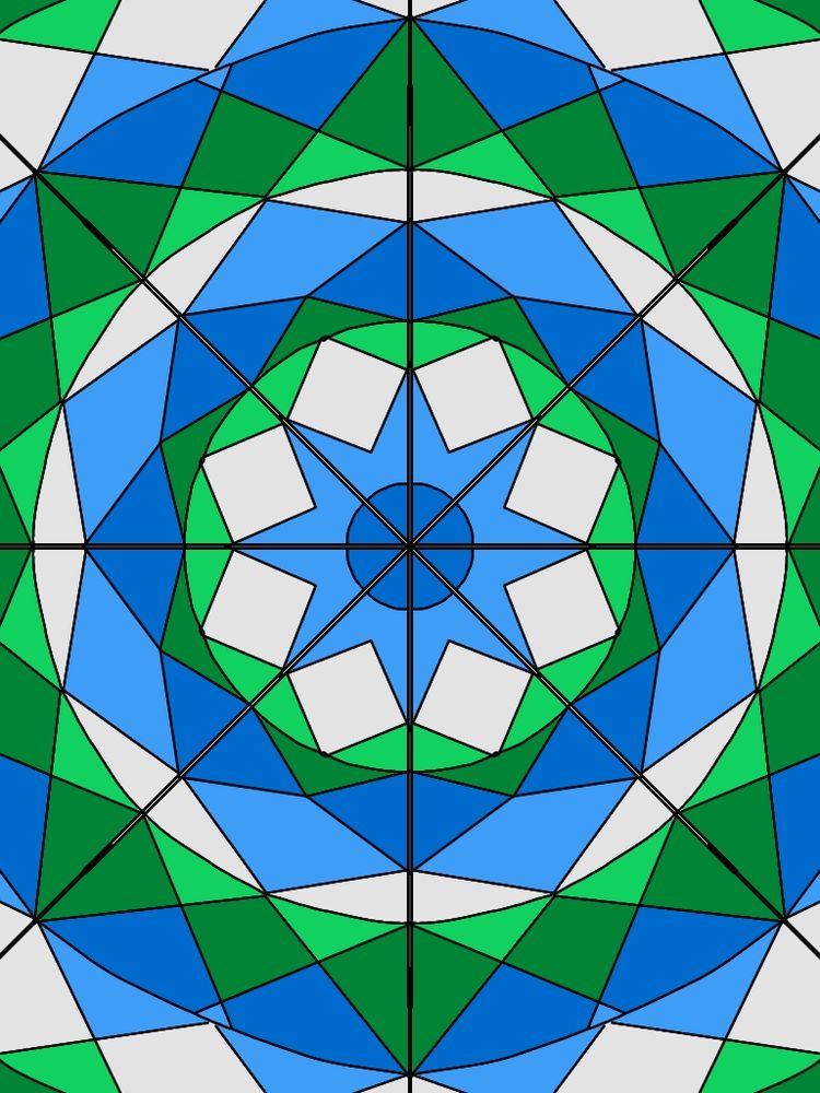 Triangle and diamond design using the gay man pride colors, dark blue, light blue, white, light green, and dark green. 