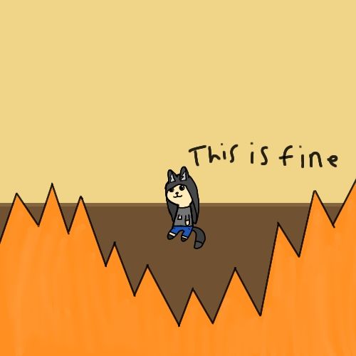 A small person with black hair, ears, and tail a gray shirt and blue jeans and missing an arm sitting on the floor with flames surrounding them with the caption this is fine above them.