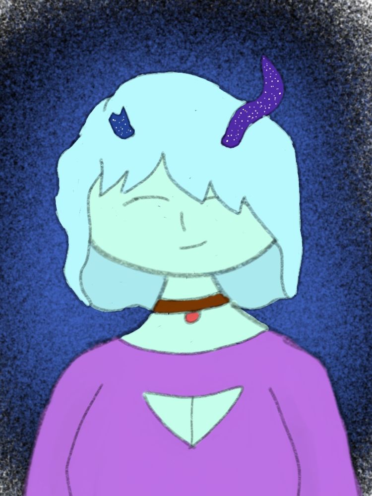 An alien with light green skin, purple shirt, ruby necklace with brown strap,light baby blue hair, a broken blue horn and an intact purple horn both with white and yellow stars on them, and a black and blue background 