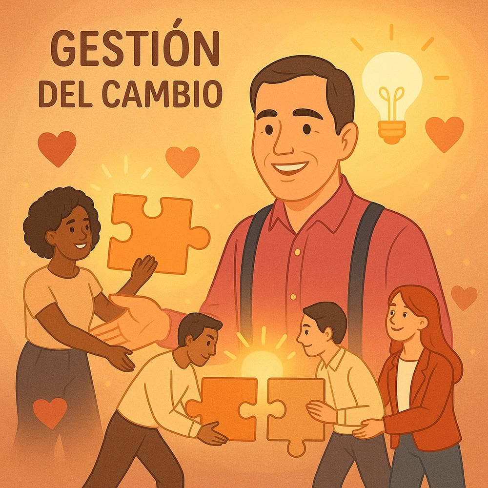Ilustración cálida y amigable que representa la gestión del cambio con liderazgo afectivo. En el centro aparece un "señor con tirates" sonriente con camisa fucsia y tirantes oscuros, guiando a un grupo diverso de personas que colaboran para unir piezas de puzzle. A su alrededor hay corazones, una bombilla encendida y símbolos de conexión y trabajo en equipo. El ambiente transmite cercanía, colaboración y transformación positiva. Arriba está el texto "Gestión del cambio"