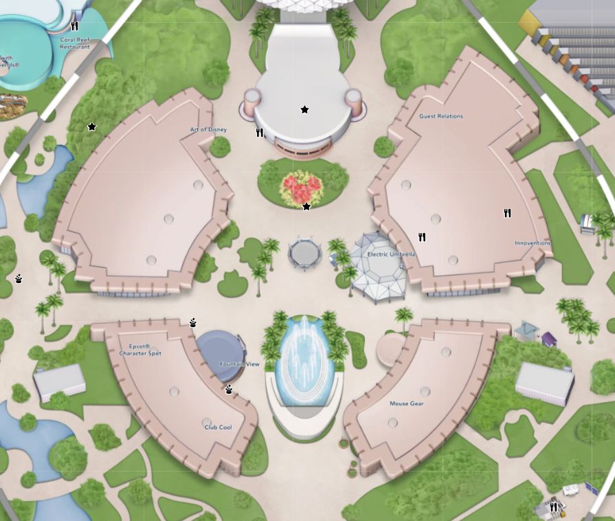 Old version of a map showing the center of Epcot before it was redone, including the Fountain of Nations and Electric Umbrella restaurant.