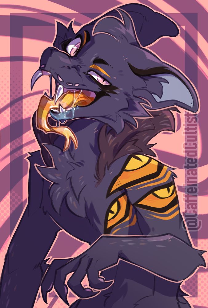 Digital art of a furry monster character which appears to me an amalgamation of different animals. Character is maniacally looking at the viewer with its mouth open showing off its extremely long tongue, sharp fangs, and lots of saliva.

Artwork by, CaffeinatedCultist
