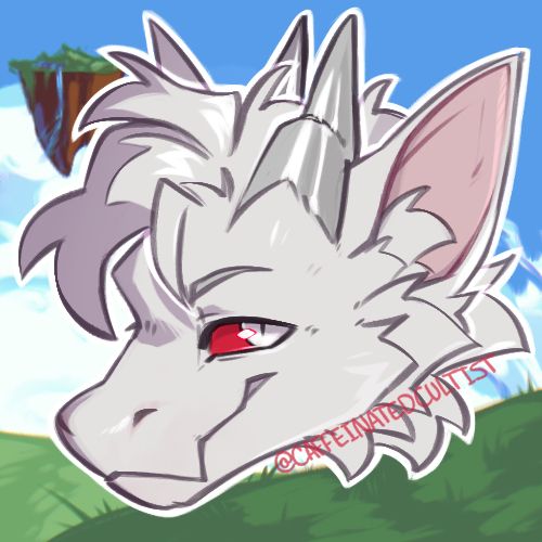 Digital art headshot of a furry  dragon character with red eyes. Background is a beautiful floating island landscape.

Artwork by, CaffeinatedCultist
