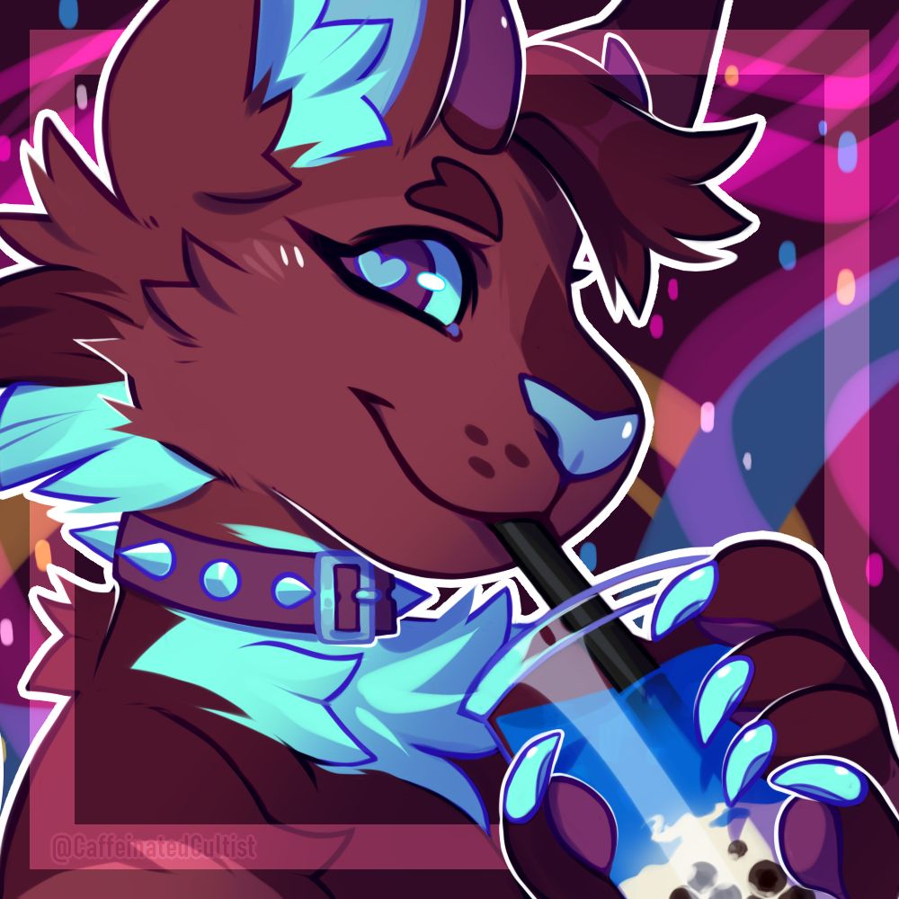 Digital art of a furry feline character with maroon eyes and heart pupils, sipping on a boba tea beverage.

Artwork by, CaffeinatedCultist 