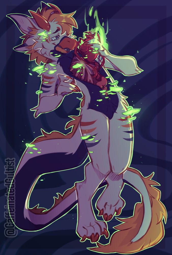 digital art of a furry character, decaying visibly. Character has its chest cavity open, and is holding its own heart in its hand while letting nature take its course.

Artwork by, CaffeinatedCultist