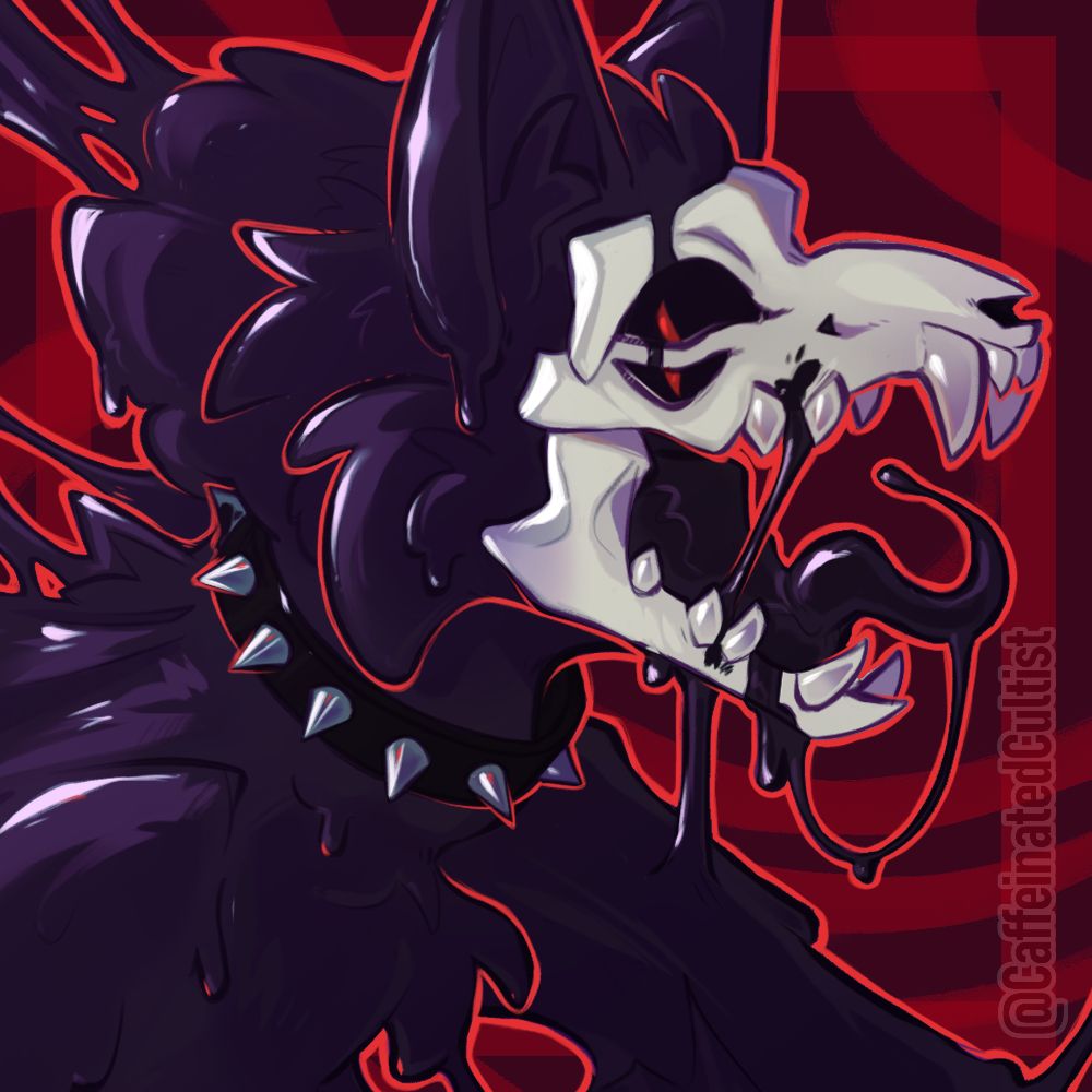 Digital art of a furry skulldog character comprised almost entirely of goo or latex, spurting everywhere. Character has 4 eyes and is looking rather monstrous!

Artwork by, CaffeinatedCultist 
