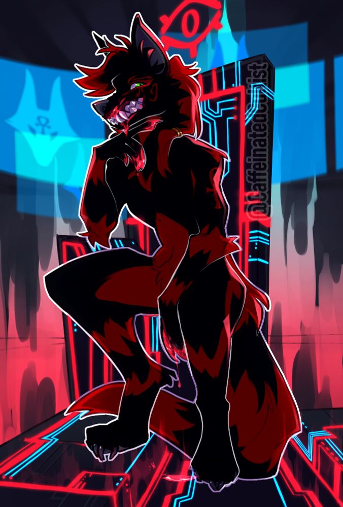 Digital illustration of a furry character squatting in the middle of a cyperpunk setting with bright red and blue neon colors. Character is grinning and covered in blood.

Artwork by, CaffeinatedCultist 