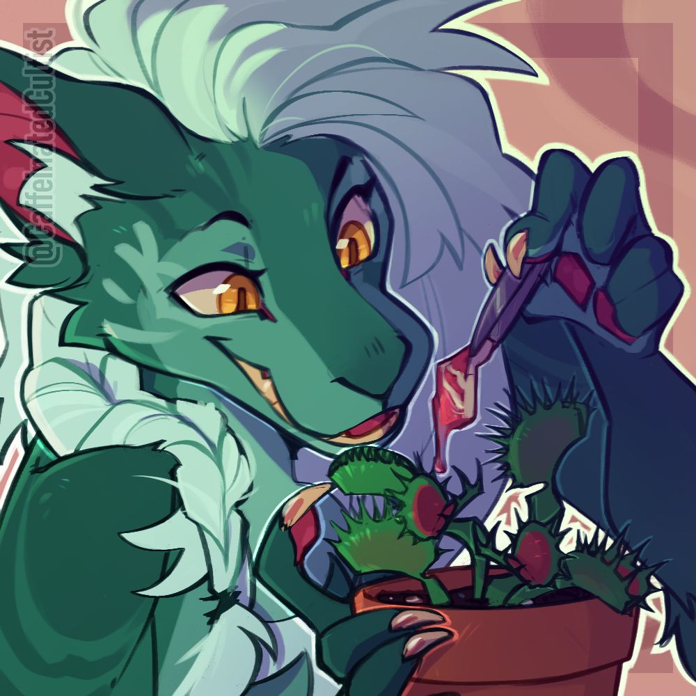 Digital art of a furry Vernid character with yellow eyes and a nurturing expression, feeding a potted Venus Fly Trap a sliver of meet with tweezers.

Artwork by, CaffeinatedCultist
Vernid Species by, LiLaiRa