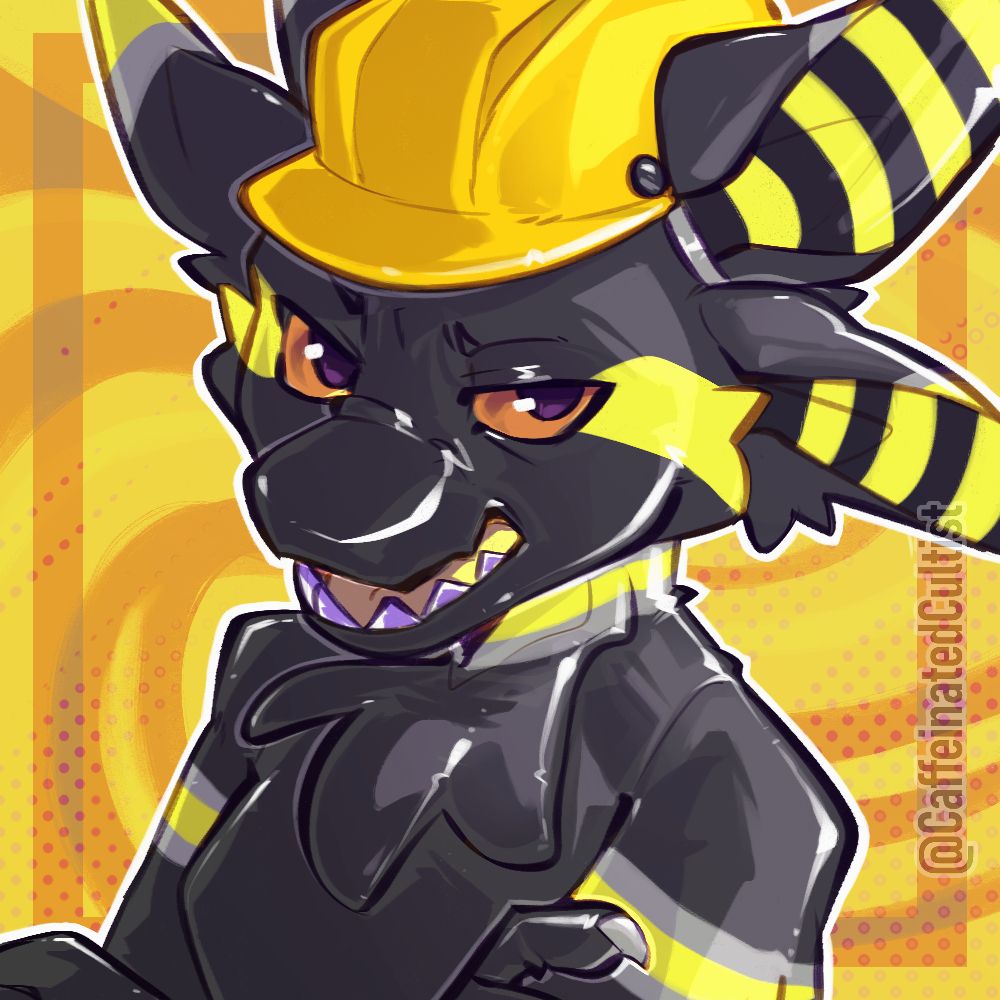 Digital art of "OSHAvali" a furry rubber Avali character with yellow high visibility stripes and wearing a yellow bump cap, looking at the viewer with a grumpy expression with arms crossed. Disappointed in you for violating basic security measures. You could've done better small fry.

Artwork by, CaffeinatedCultist 