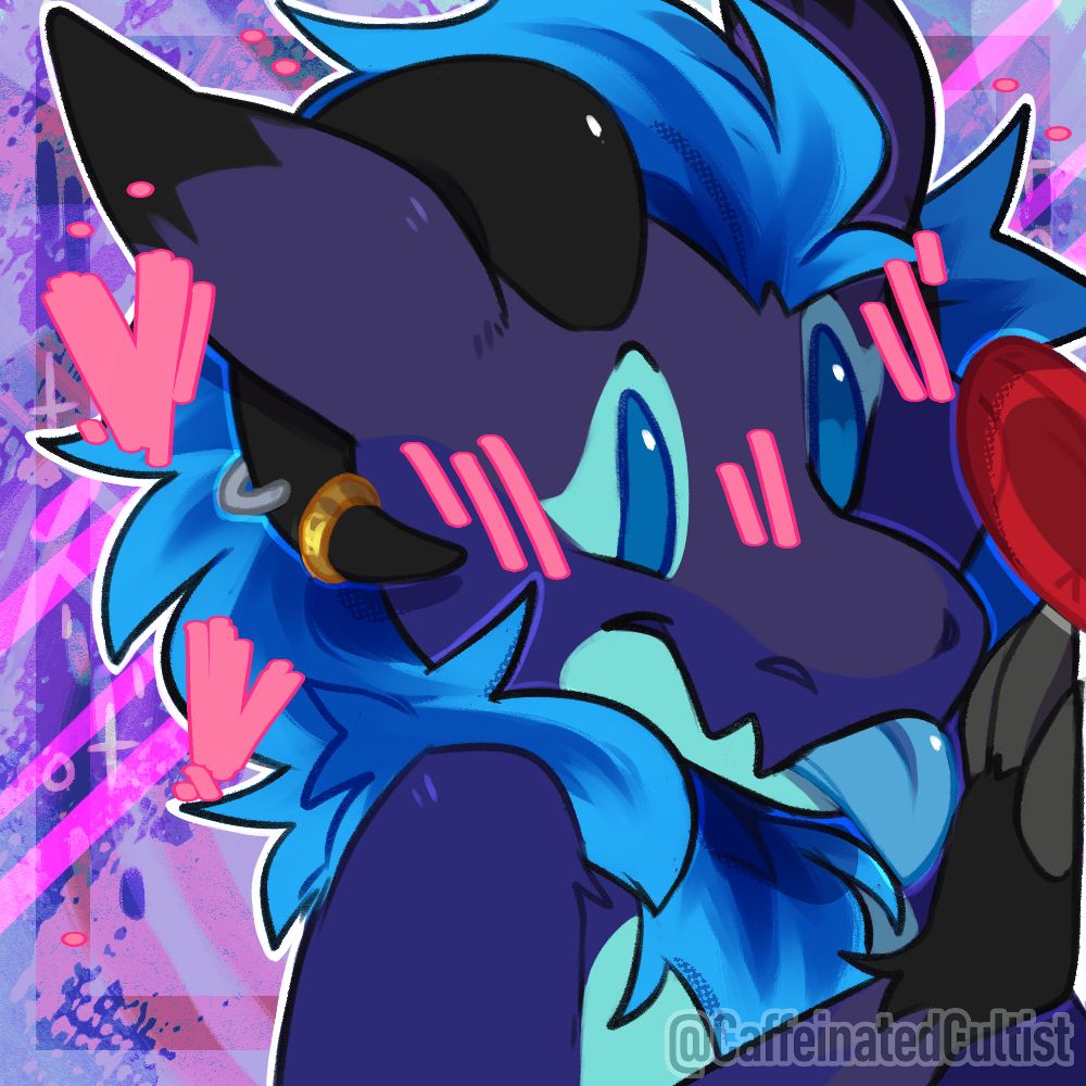 Digital art of a fury character blushing and snuggled up to another character off camera to the right.