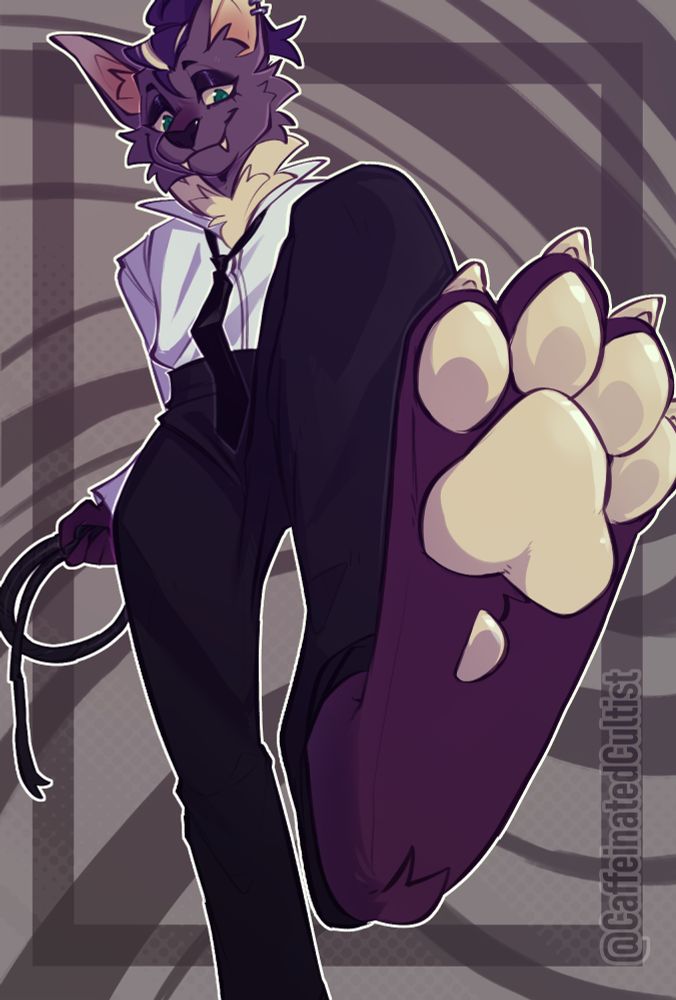 Digital art of a furry bat character fully clothed, with her hair tied up and holding a whip, looking down at you with her foot ready to step on your face.

Artwork by, CaffeinatedCultist 