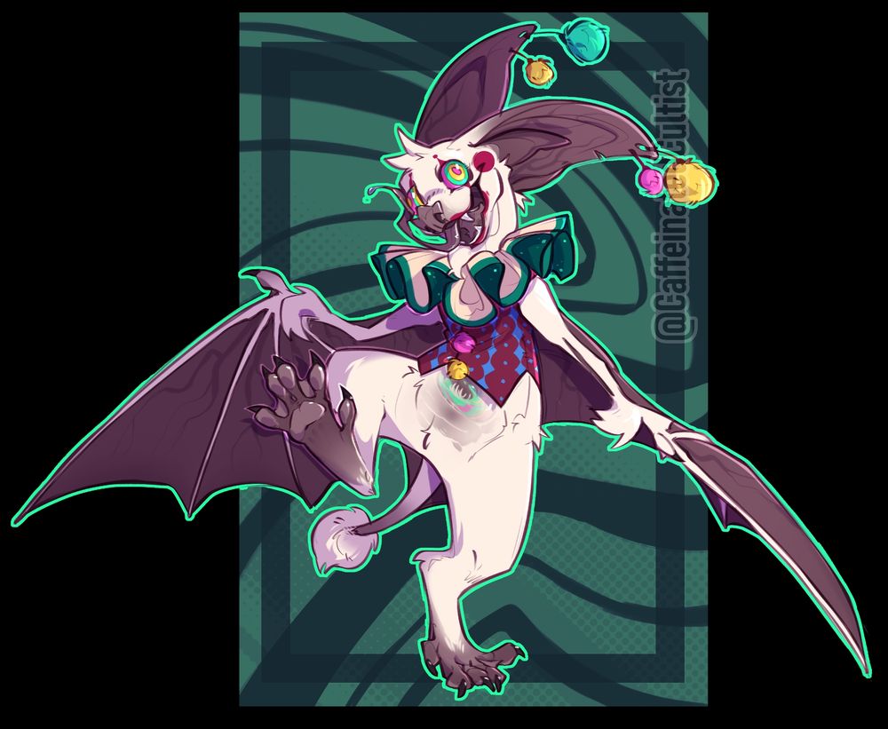 Digital art of a furry bat character dressed up as a clown or jester giving off a strangeness or horror vibe. Something isn't quite right. Watch the bat dance and move, captivating with each step, and bounce. What will you do next?

Artwork by, CaffeinatedCultist 