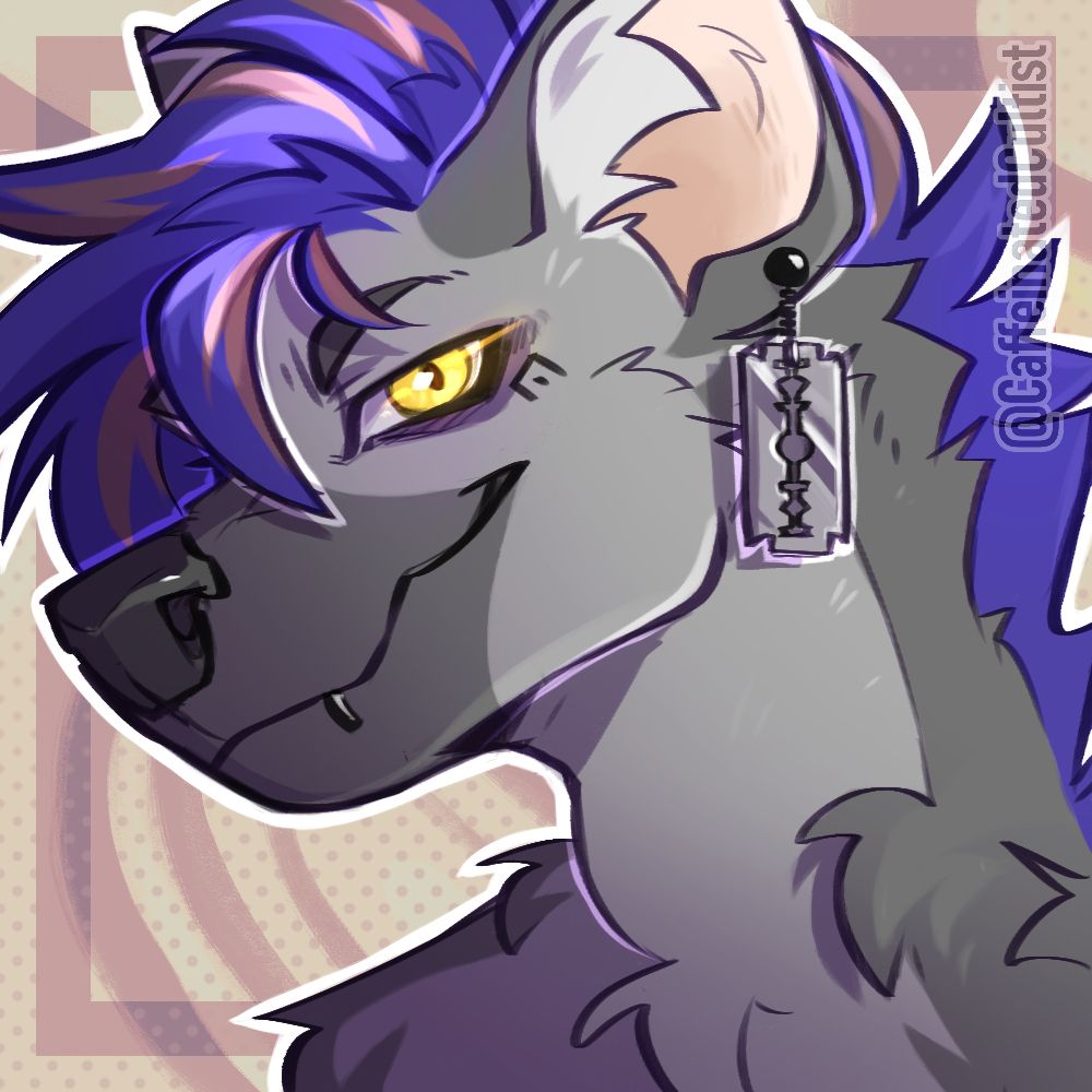 Digital art of a furry character with yellow eyes staring directly at the viewer. Character has a razorblade earing.

Artwork by, CaffeinatedCultist 
