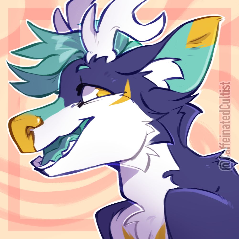Digital of a furry cervid character with yellow eyes. Character is positioned in a side profile, and has its mouth slightly open.

Artwork by, CaffeinatedCultist 