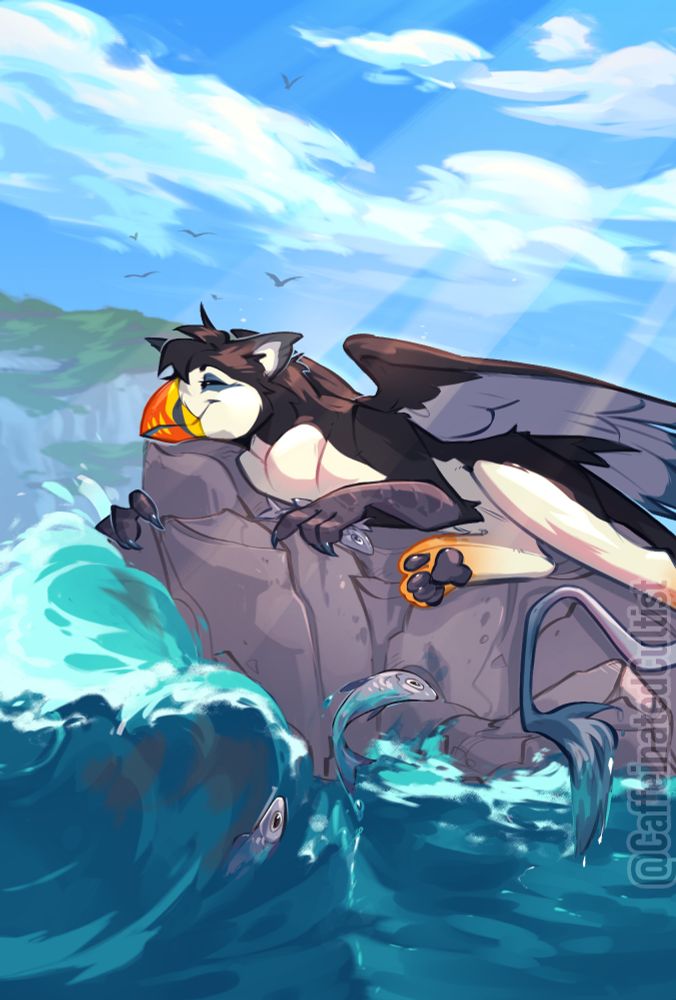 Digital illustration of a furry character sun bathing on a rock off the coast. The sun rays are beaming down, fish are jumping out of the water. The character appears blissful.

Artwork by, CaffeinatedCultist 