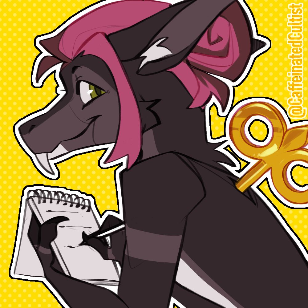 Digital art of a Yinglet character, scribbling away in a notepad and looking back at the viewer with a smile. Character is lacking fur and instead has metallic lines to indicate that it's made out of metal. There is a giant golden wind-up key stuck inside the back of the character.

Artwork by, CaffeinatedCultist
Alt-text by, SelfDugGrave
Yinglet species by, Valsalia