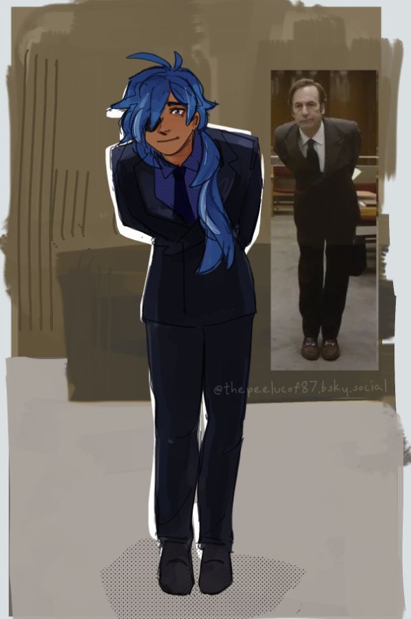 drawing of kaeya doing the saul goodman leaning in pose