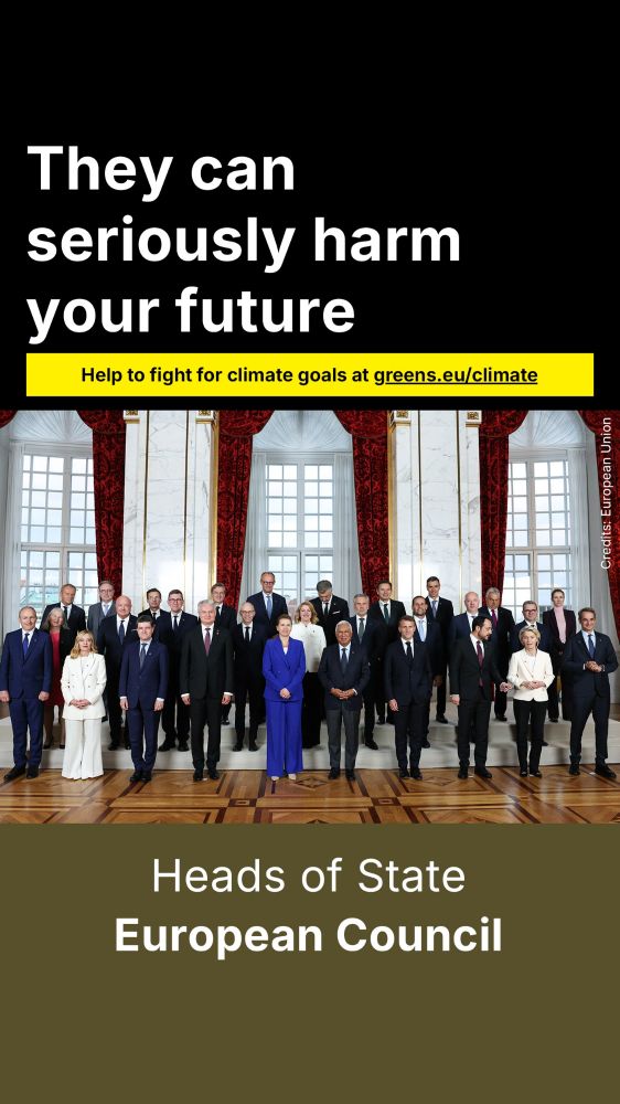 Europeanen leaders take a stand for a formal photo. Above the leaders the text "Help to fight for climate goals at greens,eu/climate"