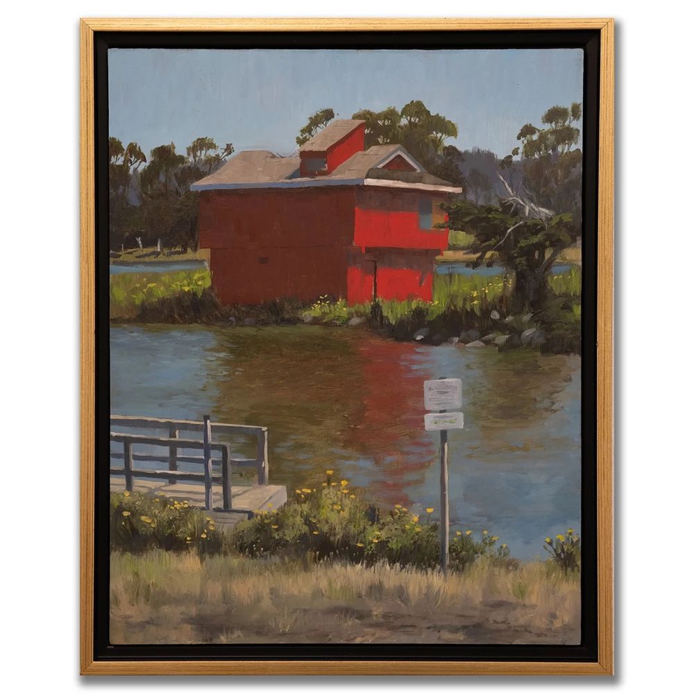 Landscape painting, red building on a lake in oil paint, Berkeley 