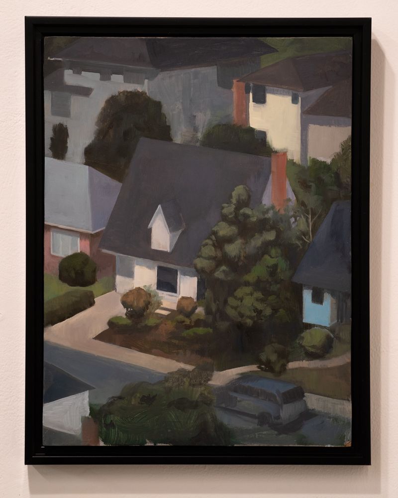 Painting of a house in Oakland Ca. Quiet neighborhood, suburban scene. In a black frame