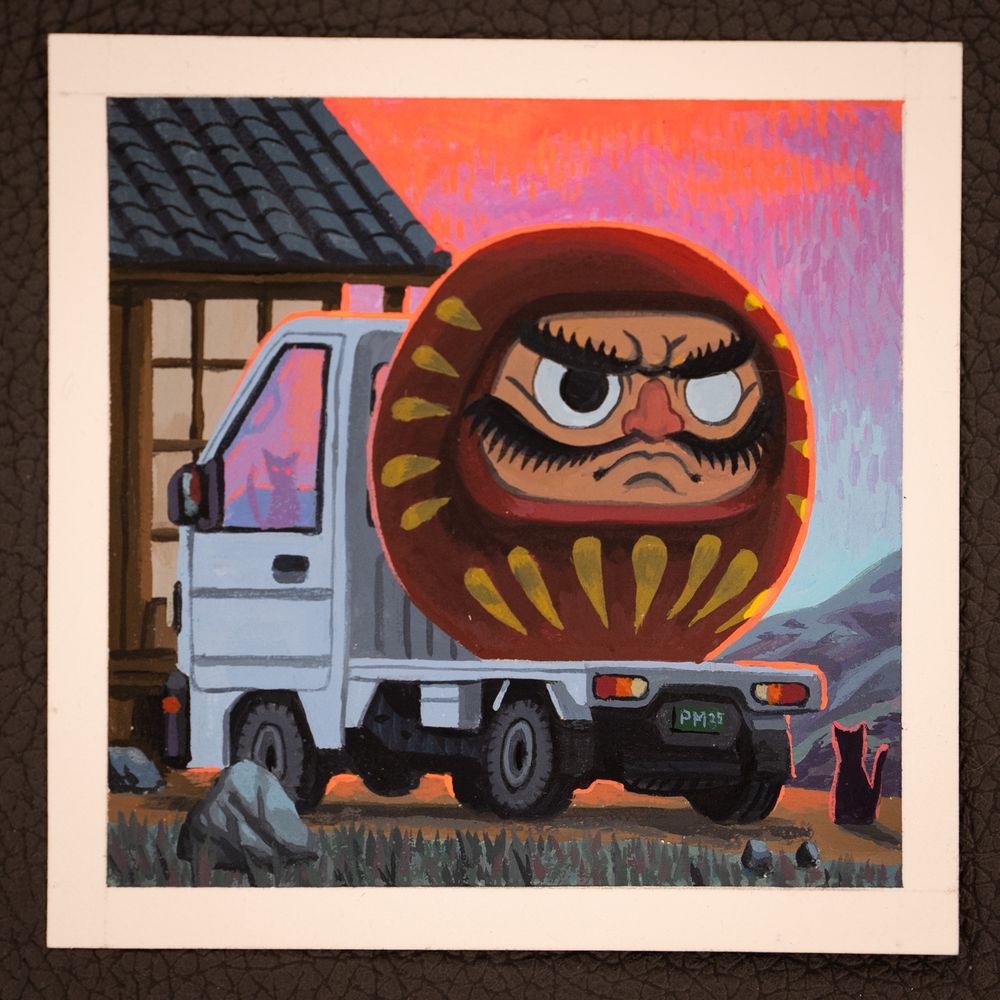 Comically large daruma in the bed  fo a kei truck,m at sunset, painting. With cats