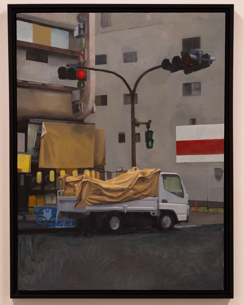 Painting of a truck in Japan on a rainy day, Shibuya neighborhood. Oil painting in a black frame.