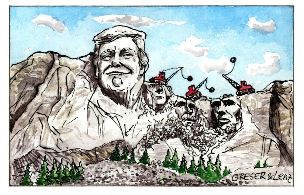 Dessin de presse.
Le Mont Rushmore avec la tête de Trump.
