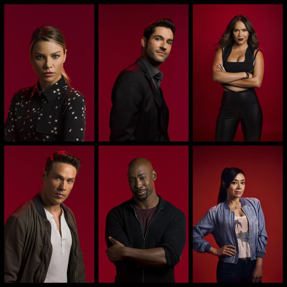 Characters of Lucifer tv show.
Top row:  Chloe Decker, Lucifer Morningstar,Mazikeen
Bottom row: Dan Espinoza, Amenadiel, Ella Lopez