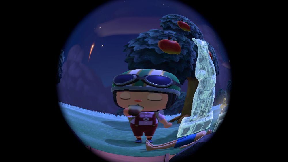 Fish eye lens of my oc in animal crossing sipping boba tea