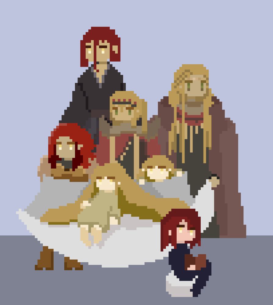 Seravem family. Ozias (top left), Karas (top middle), Miraha (top right), Soren (far left), Migema (middle), Meter (middle right), and Meredith (bottom right).