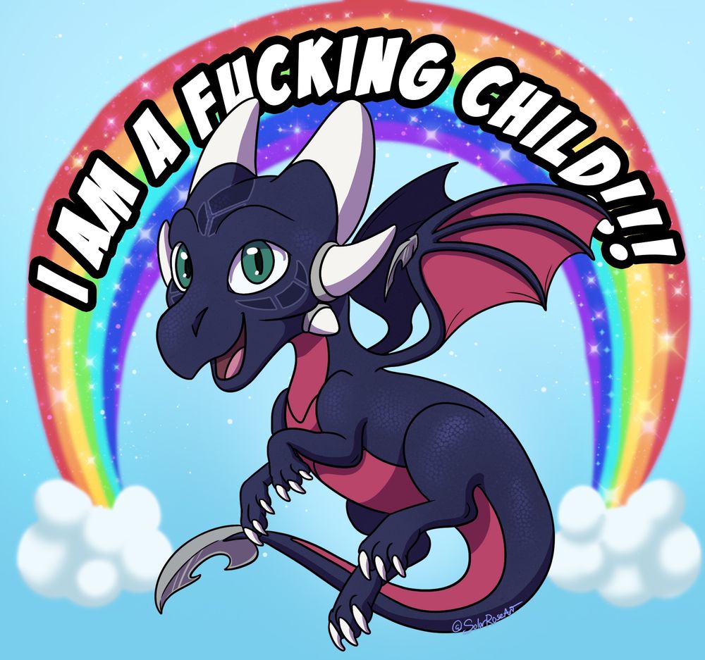 A drawing of Cynder, a canonically child-ages character from The Legend of Spyro series, smiling with a hug rainbow behind her with text that reads “I AM A FUCKING CHILD” ☀️