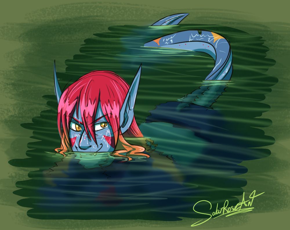 Xenith, a dinaurian alien with blue skin and bright red hair wading in some green swamp water, their face just barely above the surface with a devious look on zir face. Their aquatic tail breaks the surface to propel them along. ☀️