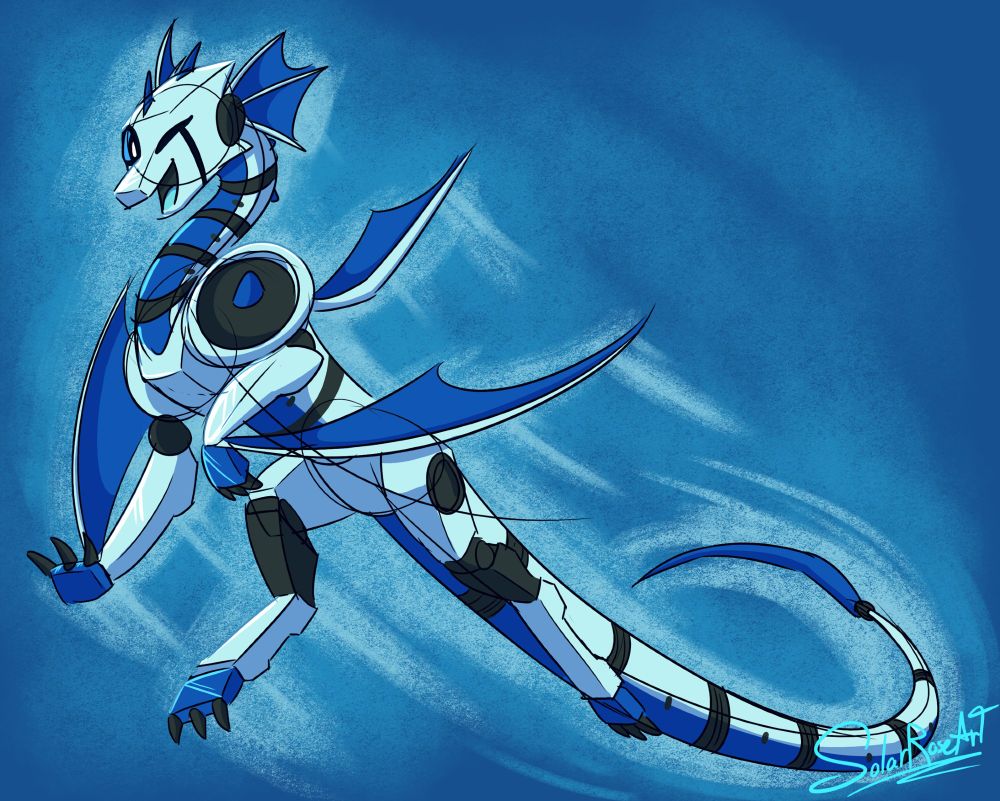 Frost, a light blue robot dragon with dark blue and black accents, winks as she whizzes past the camera. ☀️