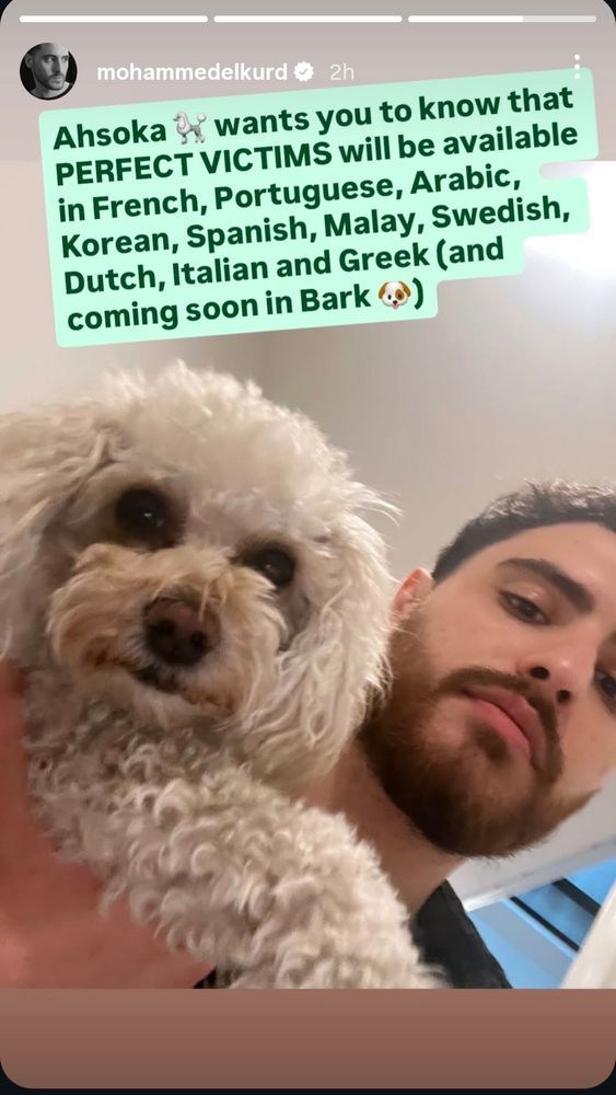 Instsgram post from Palestinian writer Mohammed El-Kurd with his dog Ahsoka