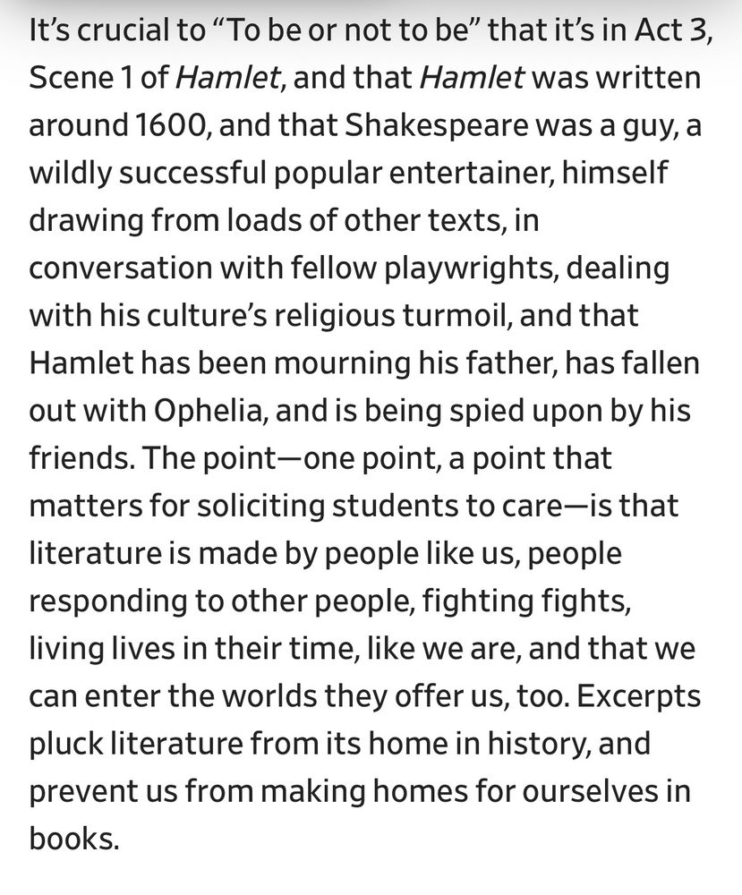 From Slate: “…Excerpts pluck literature from its home in history, and prevent us from making homes for ourselves in books.”