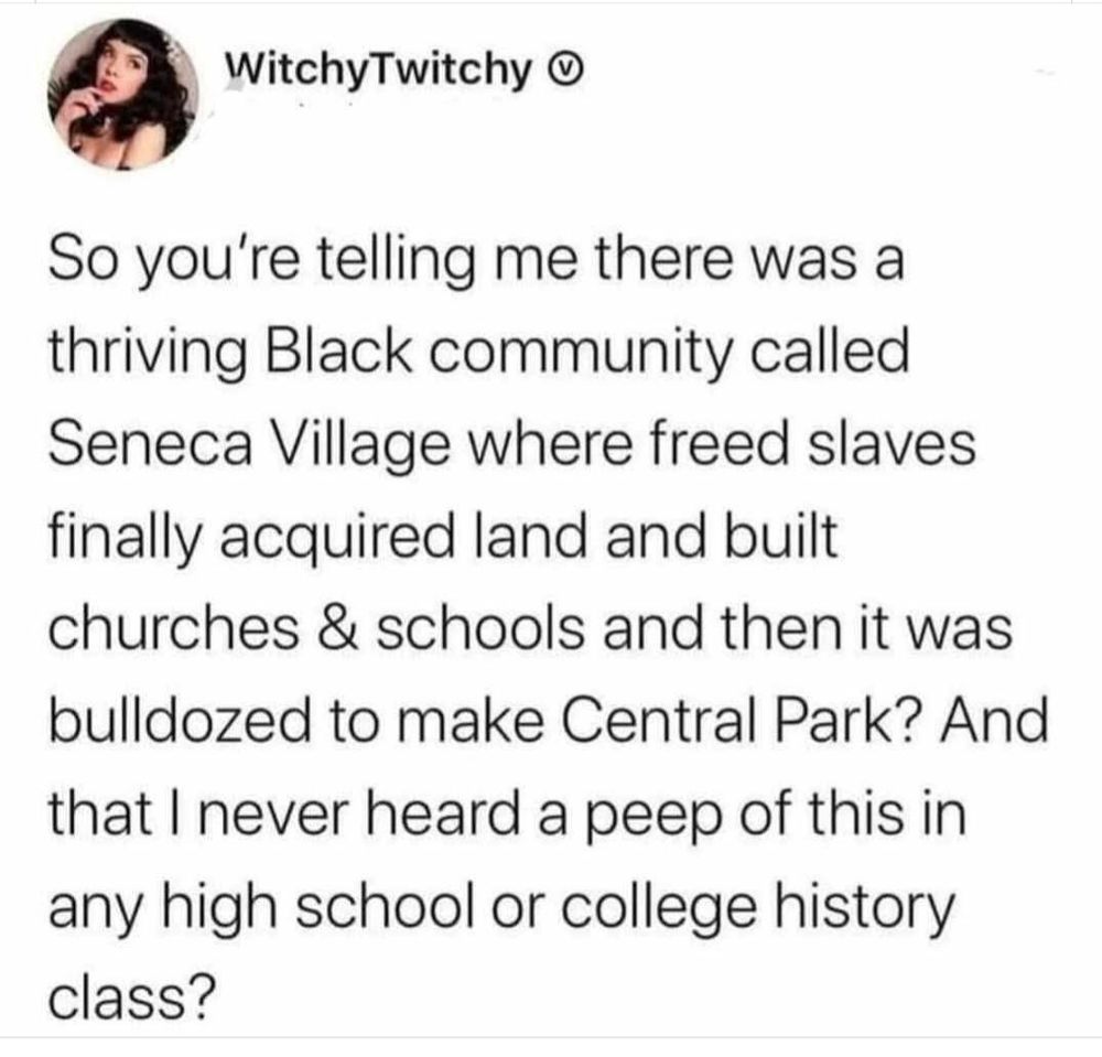 So your telling me there was a thriving black community called Seneca Village where Freed black slaves finally acquired land and built churches & schools and then it was bulldozed to make Central Park? And that I never heard a peep of this I'm any high school or college history class?