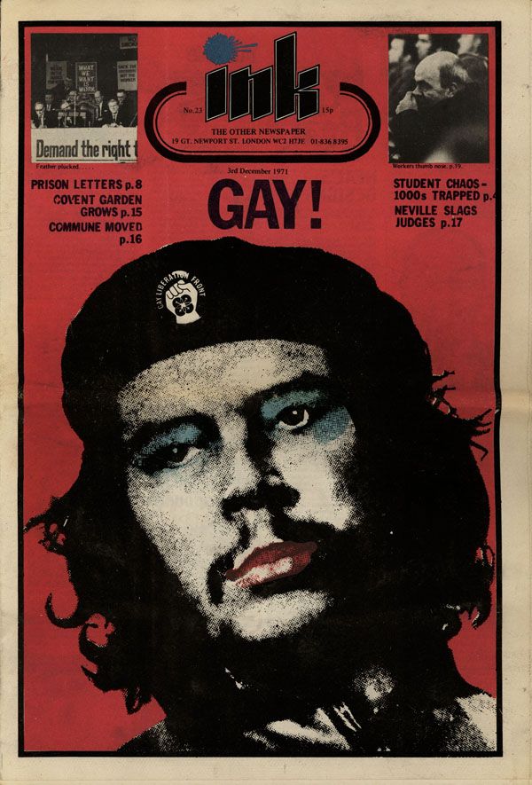 1971 GLF cover version of Ink magazine, UK, with image of Che Guevara, with blue painted eyelids and red lipstick. By Unknown author - http://i44.tinypic.com/206f0xz.jpg, Public Domain, https://commons.wikimedia.org/w/index.php?curid=6814319